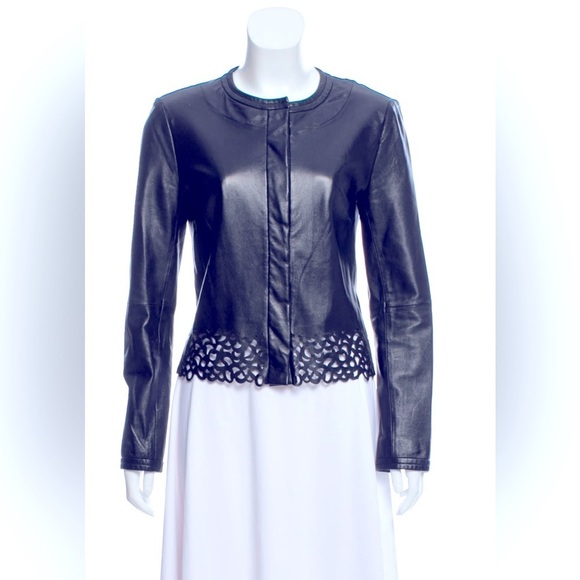 NWOT Diane von Furstenberg Merryl Laser-cut Black leather jacket size S US 4. - Picture 1 of 3